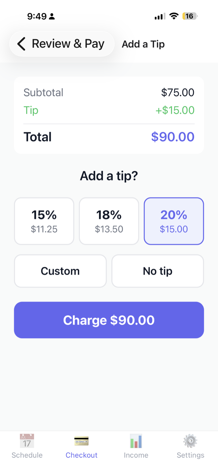Checkout screen with tip options and charge button