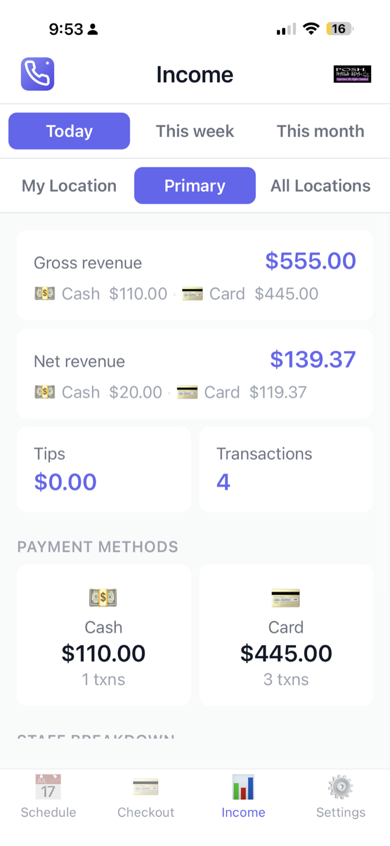 Income report with daily revenue, tips and staff totals