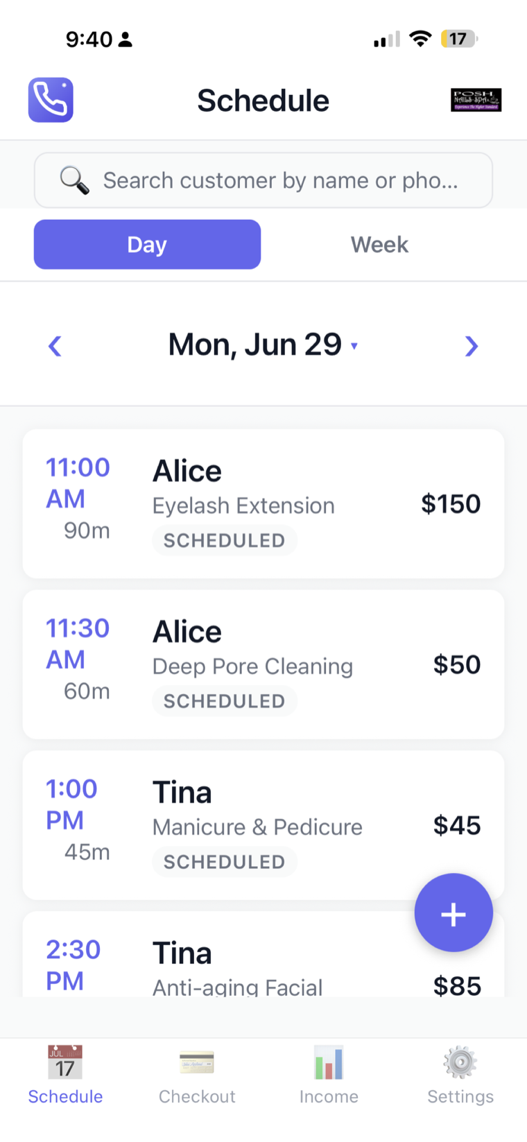 SalonAmigo schedule showing the day's appointments